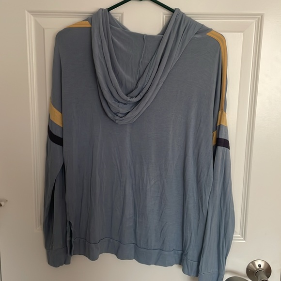 Pale Blue Hooded Long Sleeve with Minimalist Beige and Navy Stripes and Pocket - Picture 3 of 4
